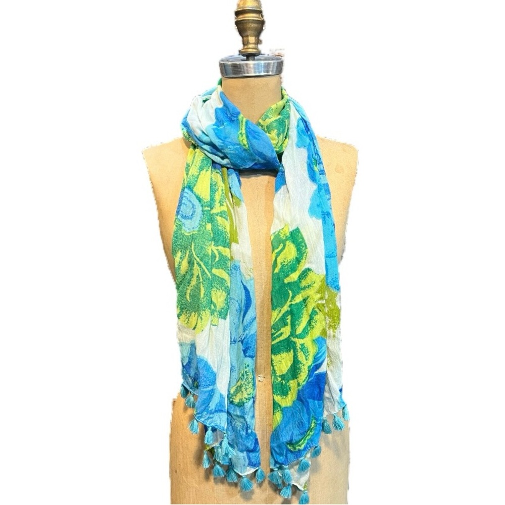 Watercolor moody floral long wide fringe scarf wrap retro lightweight all season